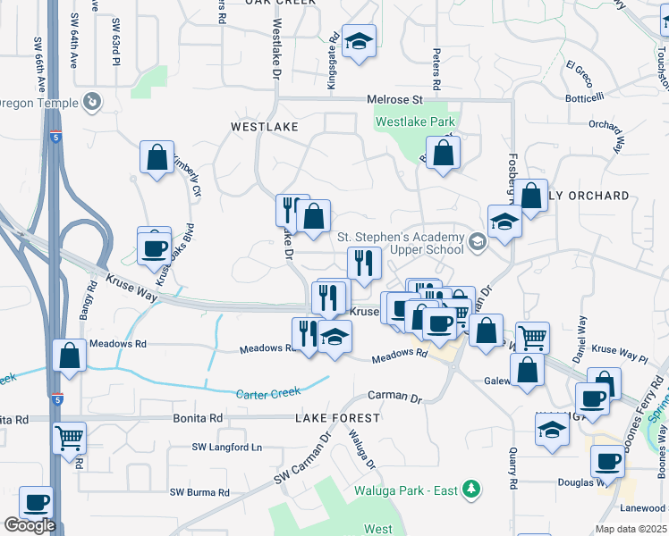 map of restaurants, bars, coffee shops, grocery stores, and more near 5300 Parkview Drive in Lake Oswego