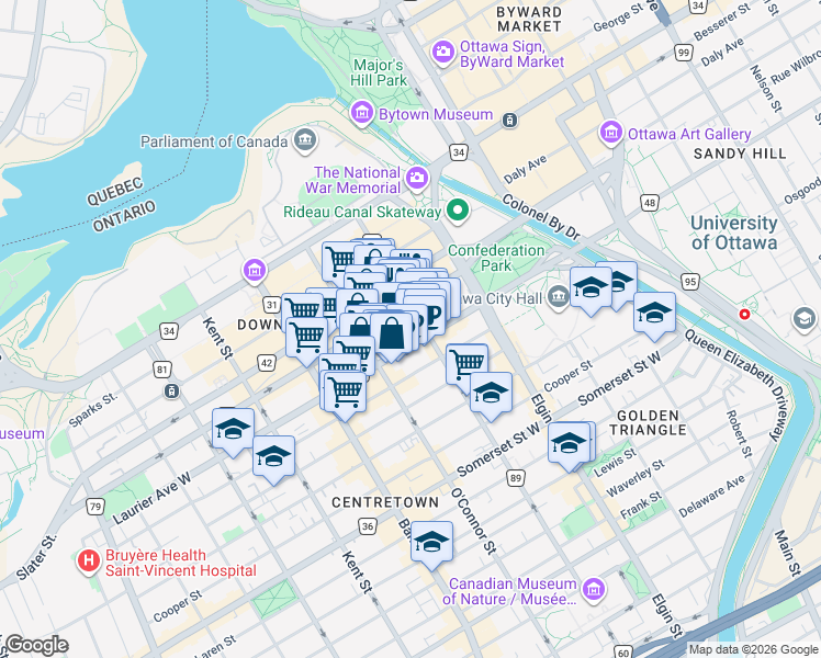 map of restaurants, bars, coffee shops, grocery stores, and more near in Ottawa