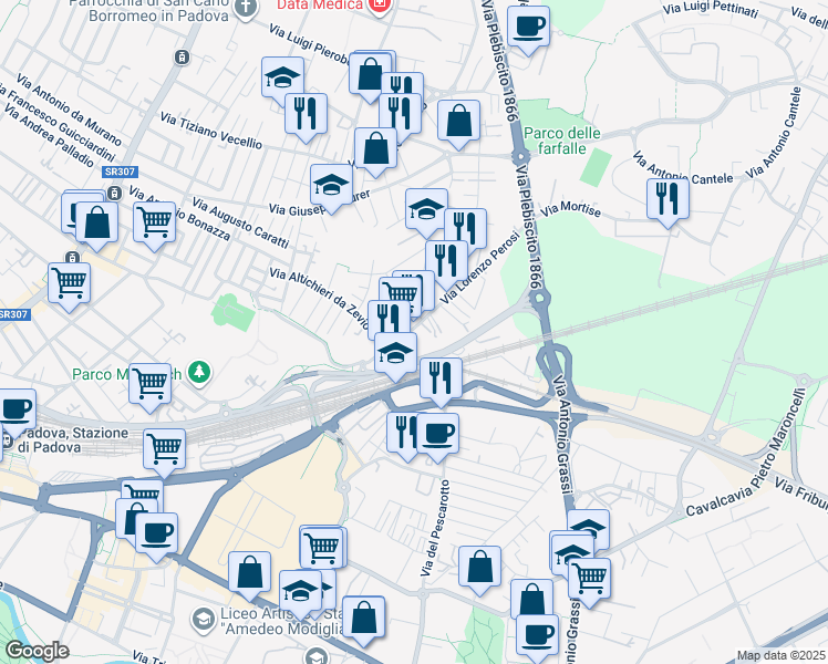 map of restaurants, bars, coffee shops, grocery stores, and more near Via Jacopo Avanzo in Padua