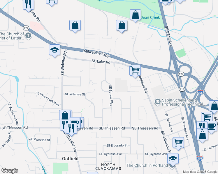 map of restaurants, bars, coffee shops, grocery stores, and more near 14227 Southeast Bonnie Way in Milwaukie
