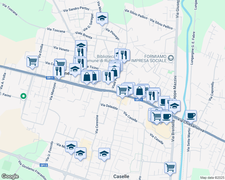 map of restaurants, bars, coffee shops, grocery stores, and more near Strada Statale 11 in Sarmeola