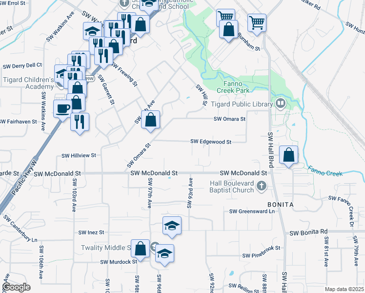 map of restaurants, bars, coffee shops, grocery stores, and more near 9360 Southwest Edgewood Street in Tigard