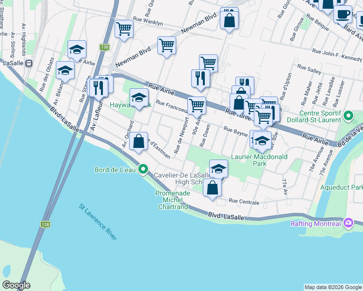 map of restaurants, bars, coffee shops, grocery stores, and more near 325 Rue de Newport in Montréal