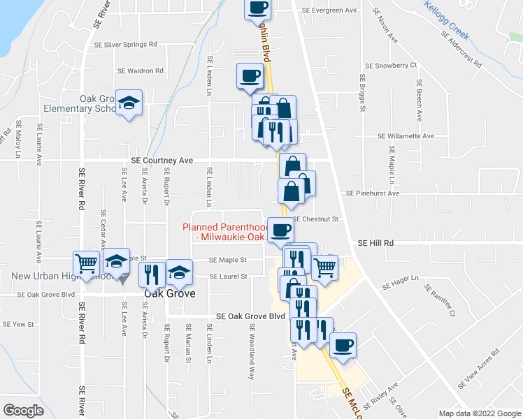 map of restaurants, bars, coffee shops, grocery stores, and more near 13232 Southeast Woodland Way in Oak Grove