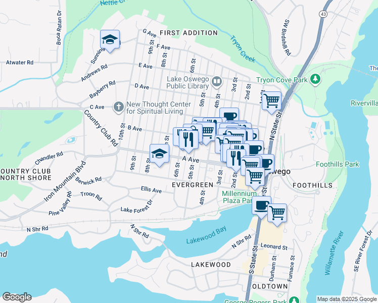 map of restaurants, bars, coffee shops, grocery stores, and more near 436 5th Street in Lake Oswego