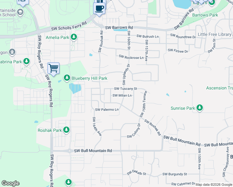 map of restaurants, bars, coffee shops, grocery stores, and more near 16117 Southwest Milan Lane in Tigard