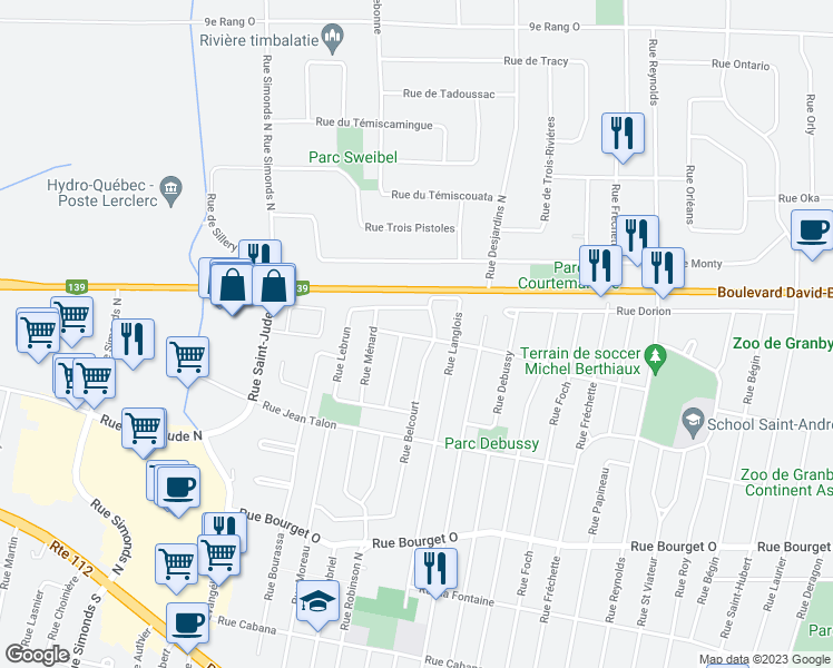 map of restaurants, bars, coffee shops, grocery stores, and more near 591 Rue de Vaudreuil in Granby