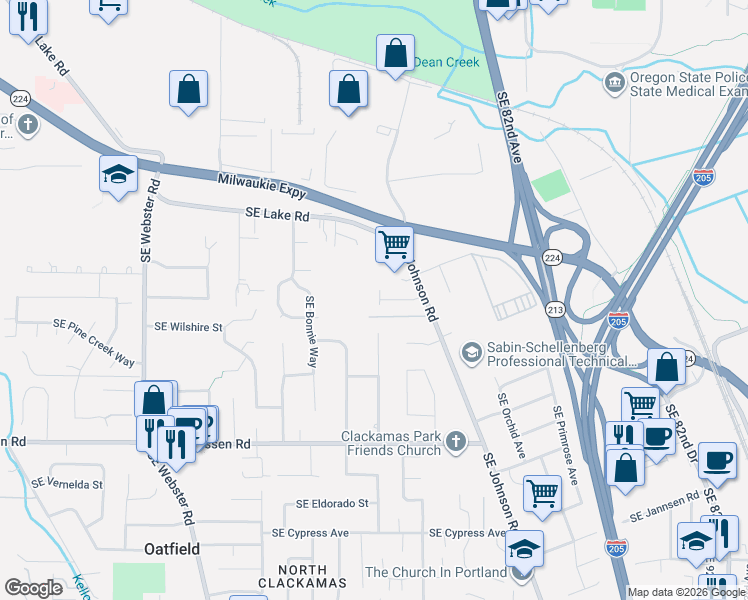 map of restaurants, bars, coffee shops, grocery stores, and more near 7838 Southeast Sporri Lane in Milwaukie