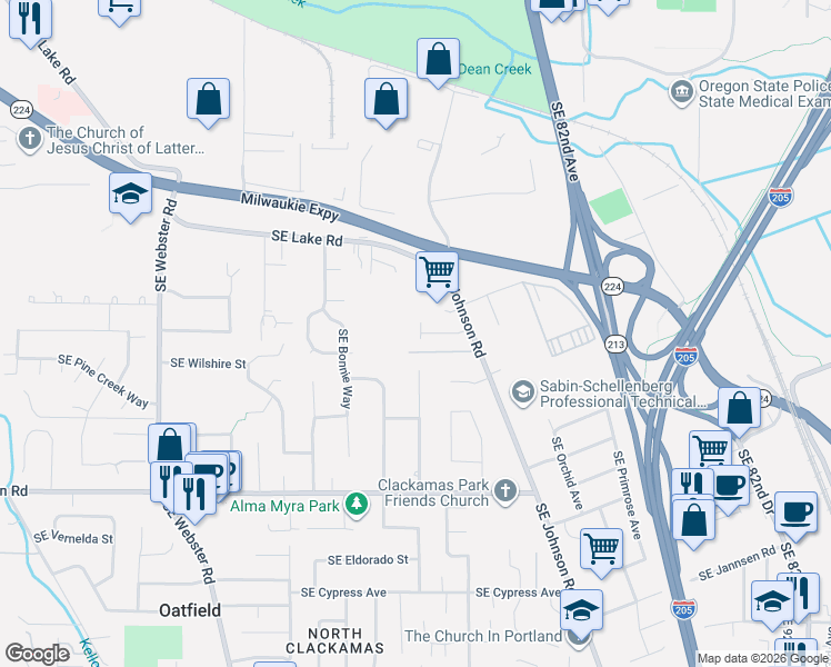 map of restaurants, bars, coffee shops, grocery stores, and more near 7838 Southeast Sporri Lane in Milwaukie