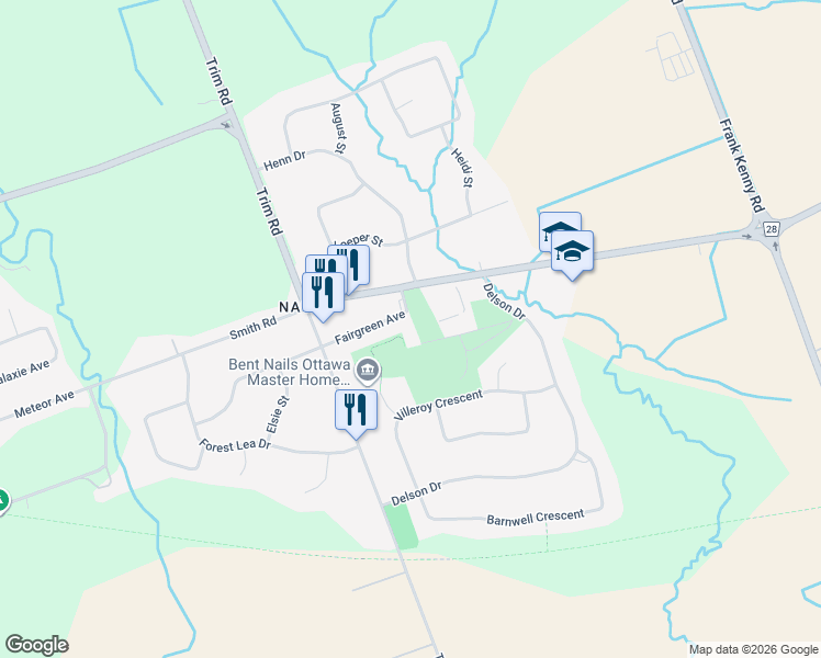 map of restaurants, bars, coffee shops, grocery stores, and more near 1305 Fairgreen Avenue in Ottawa