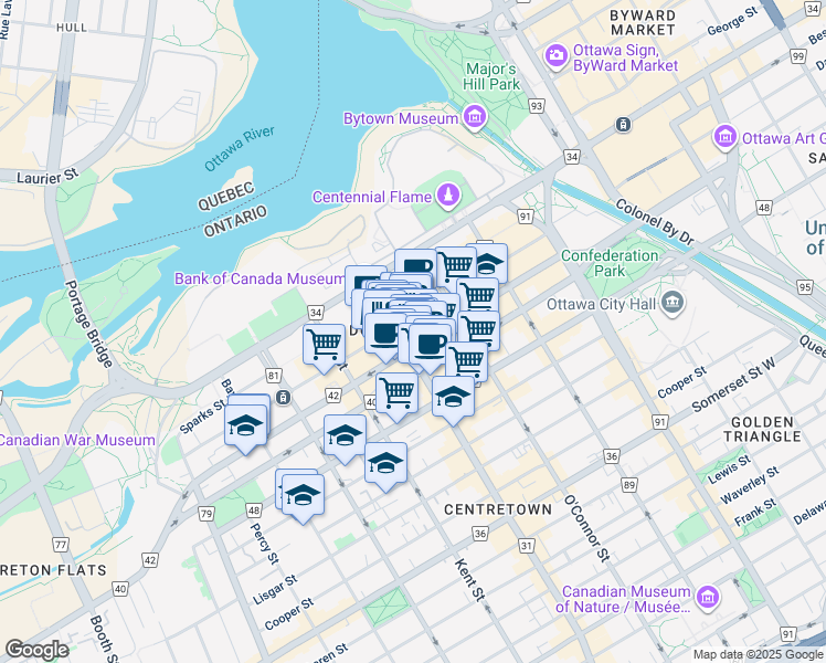 map of restaurants, bars, coffee shops, grocery stores, and more near in Ottawa
