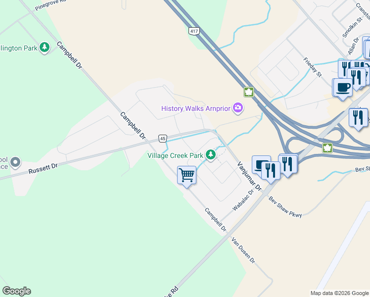 map of restaurants, bars, coffee shops, grocery stores, and more near 225 Bert Hall Street in Arnprior