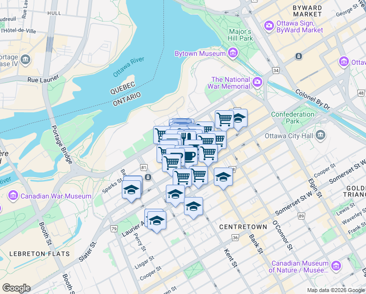map of restaurants, bars, coffee shops, grocery stores, and more near 240 Sparks Street in Ottawa
