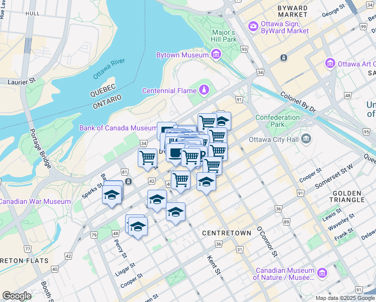 map of restaurants, bars, coffee shops, grocery stores, and more near 99 Bank Street in Ottawa