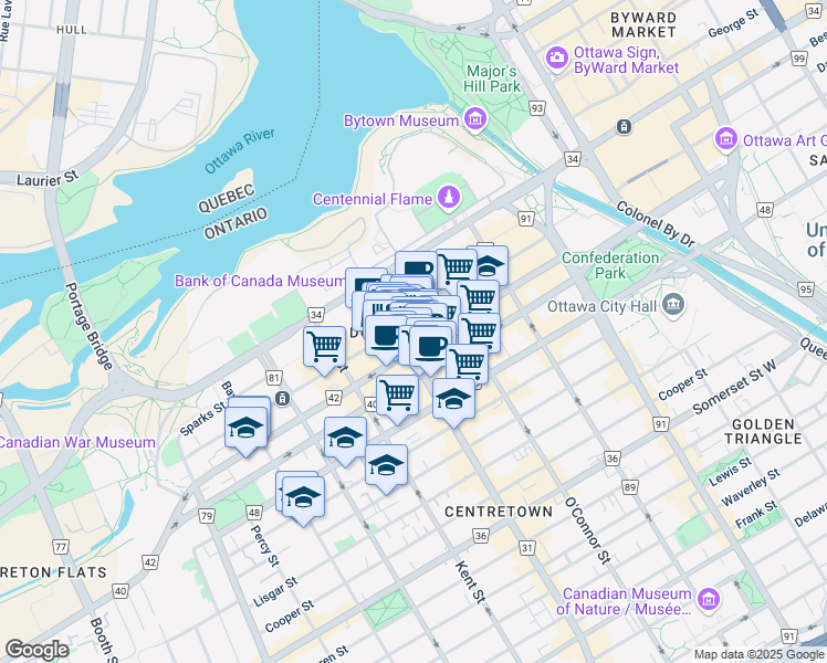 map of restaurants, bars, coffee shops, grocery stores, and more near 99 Bank Street in Ottawa