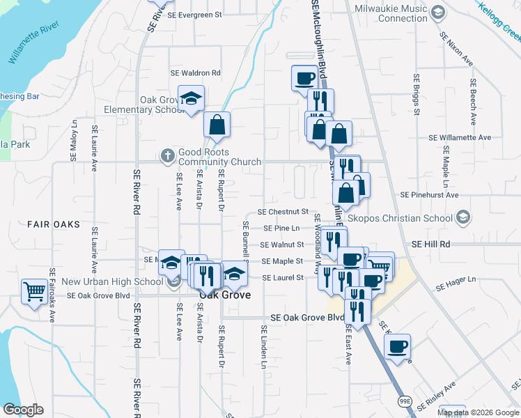 map of restaurants, bars, coffee shops, grocery stores, and more near 14206 Southeast Bunnell Street in Milwaukie