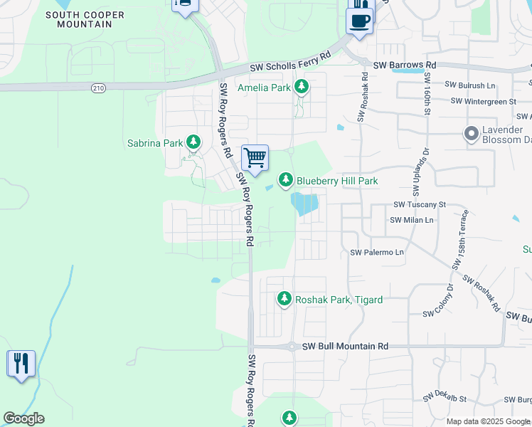 map of restaurants, bars, coffee shops, grocery stores, and more near 13790 Southwest Roy Rogers Road in Sherwood