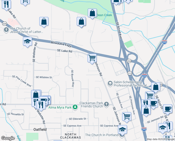 map of restaurants, bars, coffee shops, grocery stores, and more near 7826 Southeast Sporri Lane in Milwaukie