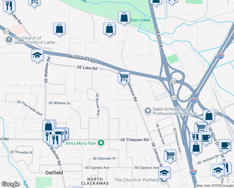 map of restaurants, bars, coffee shops, grocery stores, and more near 7826 Southeast Sporri Lane in Milwaukie