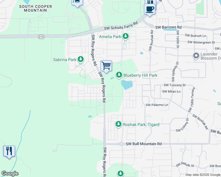 map of restaurants, bars, coffee shops, grocery stores, and more near 13790 Southwest Roy Rogers Road in Sherwood