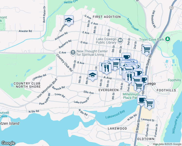 map of restaurants, bars, coffee shops, grocery stores, and more near 765 A Avenue in Lake Oswego