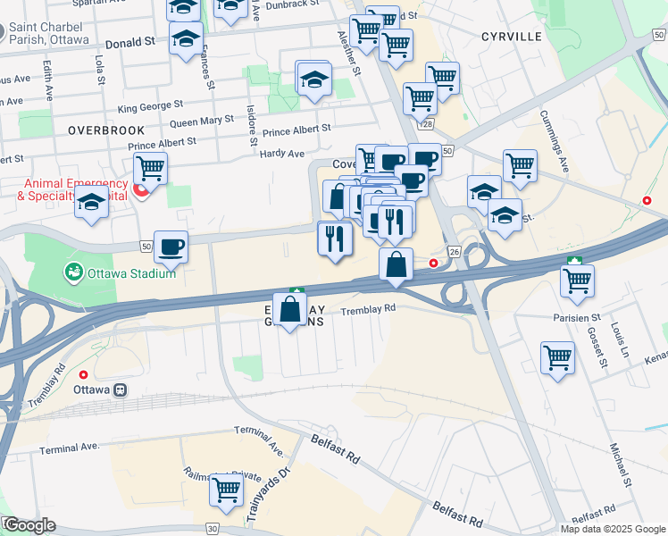 map of restaurants, bars, coffee shops, grocery stores, and more near 1400 Saint Laurent Boulevard in Ottawa