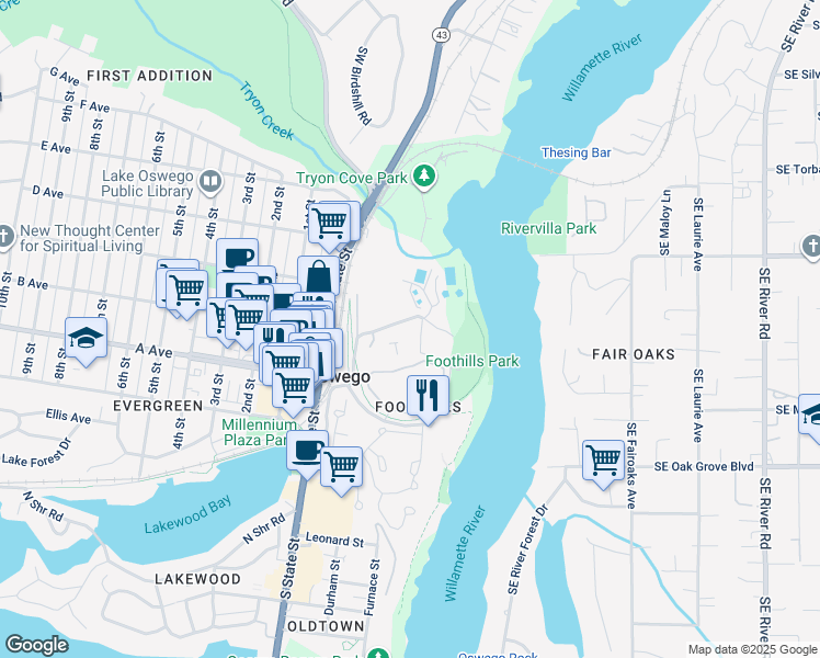 map of restaurants, bars, coffee shops, grocery stores, and more near 220 Foothills Road in Lake Oswego