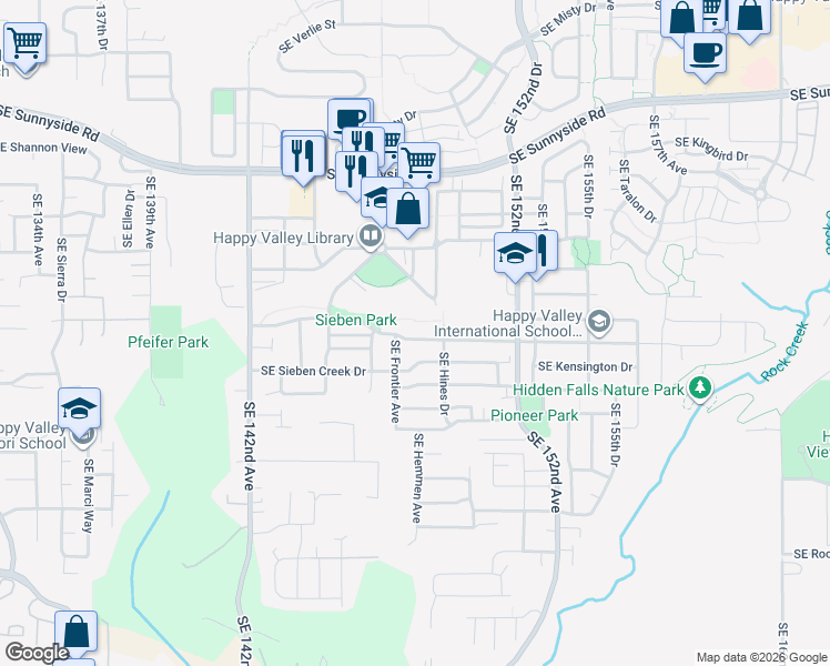 map of restaurants, bars, coffee shops, grocery stores, and more near 14841 Southeast Sieben Creek Drive in Clackamas
