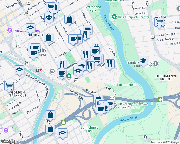 map of restaurants, bars, coffee shops, grocery stores, and more near 75 Mann Avenue in Ottawa