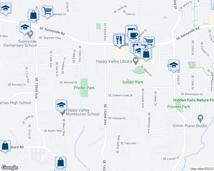 map of restaurants, bars, coffee shops, grocery stores, and more near 14202 Southeast Territory Drive in Clackamas