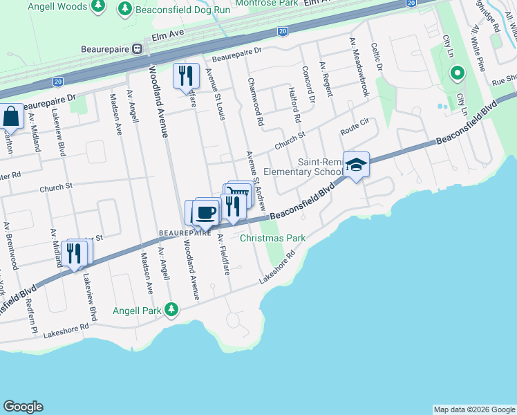map of restaurants, bars, coffee shops, grocery stores, and more near 56 Avenue Saint Andrew in Beaconsfield