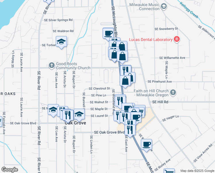 map of restaurants, bars, coffee shops, grocery stores, and more near 2709 Southeast Pinelane Street in Milwaukie