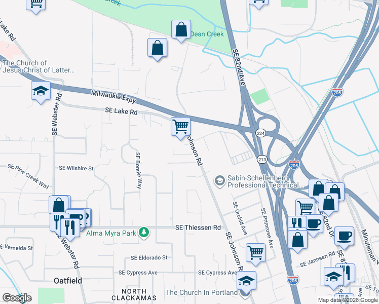 map of restaurants, bars, coffee shops, grocery stores, and more near 8018 Southeast Sporri Lane in Milwaukie