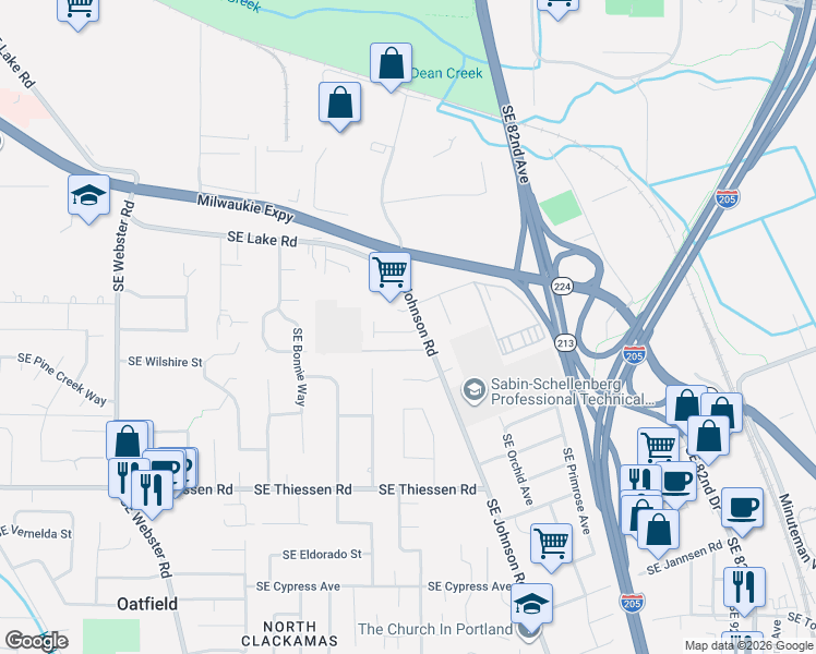 map of restaurants, bars, coffee shops, grocery stores, and more near 8018 Southeast Sporri Lane in Milwaukie