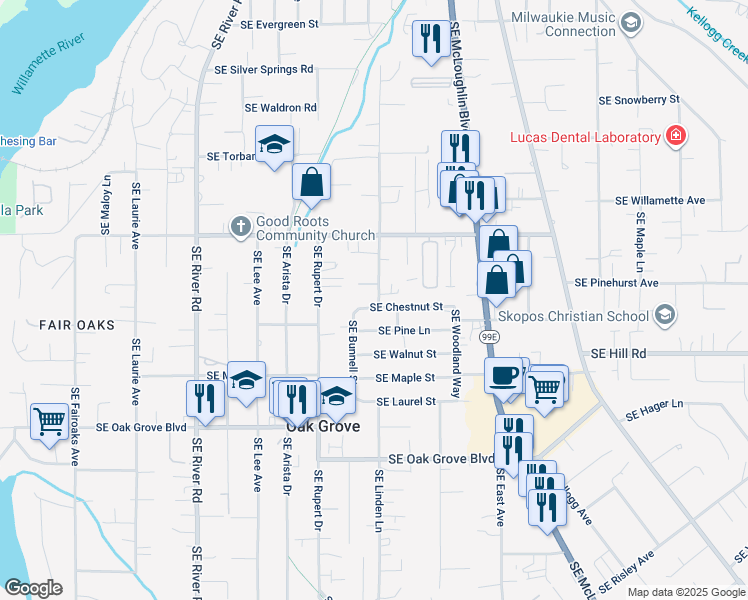 map of restaurants, bars, coffee shops, grocery stores, and more near 14206 Southeast Bunnell Street in Milwaukie