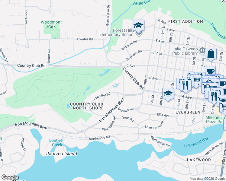 map of restaurants, bars, coffee shops, grocery stores, and more near 1330 Chandler Road in Lake Oswego
