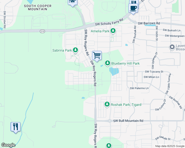 map of restaurants, bars, coffee shops, grocery stores, and more near 13790 Southwest Roy Rogers Road in Sherwood