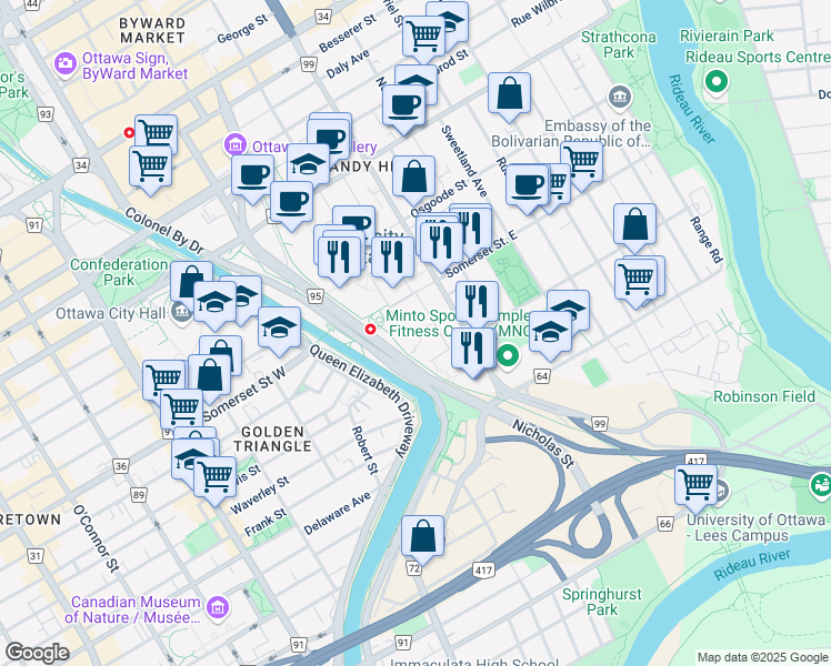 map of restaurants, bars, coffee shops, grocery stores, and more near 140 Louis Pasteur Private in Ottawa