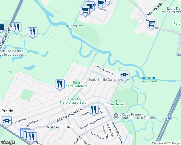 map of restaurants, bars, coffee shops, grocery stores, and more near 890 Avenue de la Mennais in La Prairie