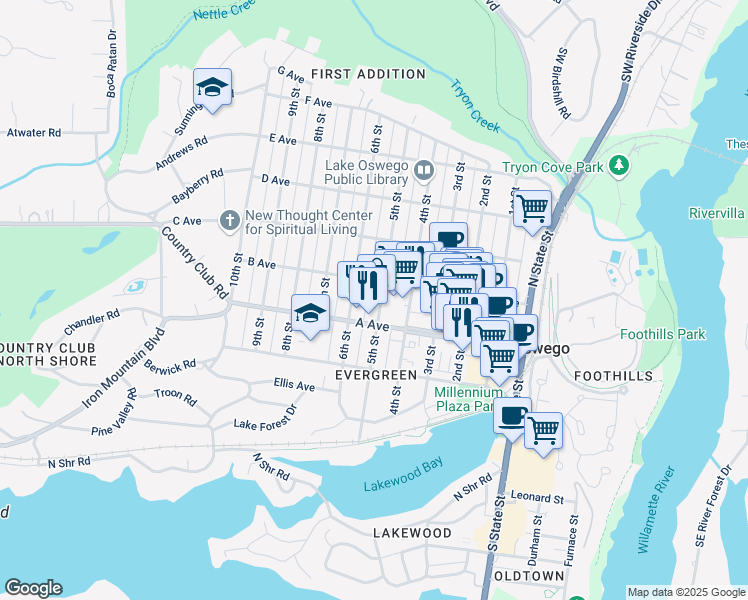 map of restaurants, bars, coffee shops, grocery stores, and more near 599 A Avenue in Lake Oswego