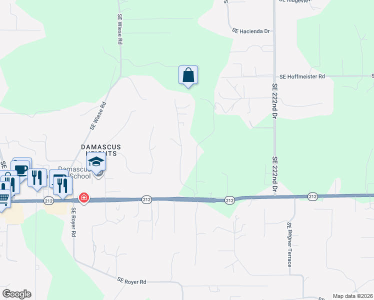 map of restaurants, bars, coffee shops, grocery stores, and more near 14100 Southeast 215th Court in Damascus