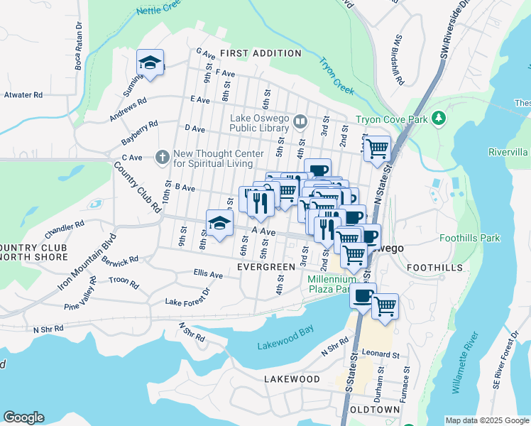 map of restaurants, bars, coffee shops, grocery stores, and more near 599 A Avenue in Lake Oswego