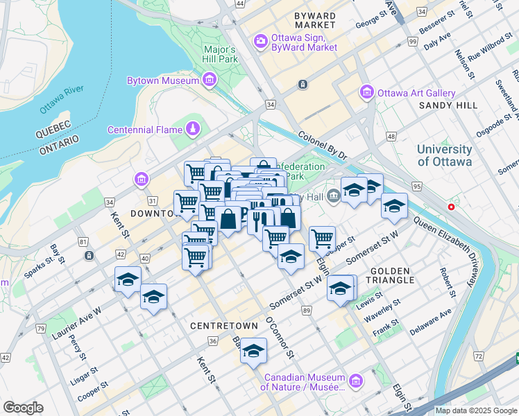 map of restaurants, bars, coffee shops, grocery stores, and more near in Ottawa