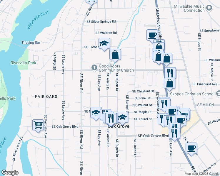 map of restaurants, bars, coffee shops, grocery stores, and more near 14154 Southeast Arista Drive in Milwaukie