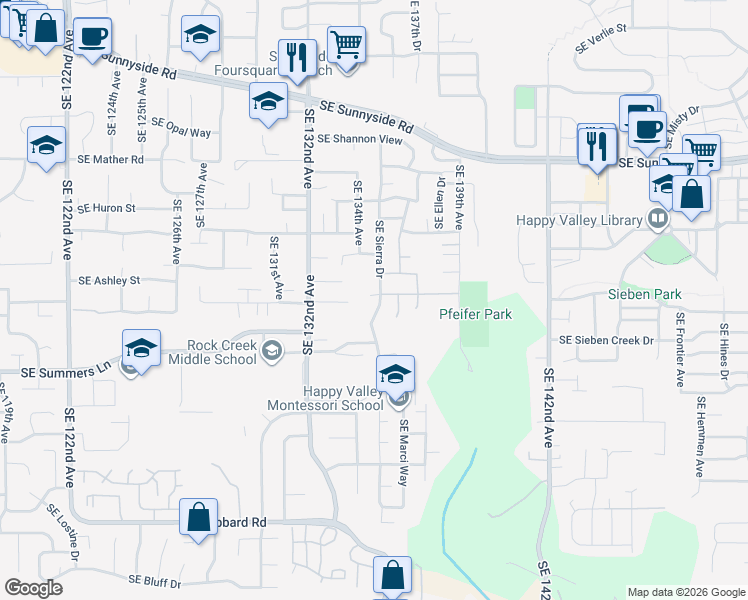 map of restaurants, bars, coffee shops, grocery stores, and more near 13939 Southeast Rogers Lane in Clackamas