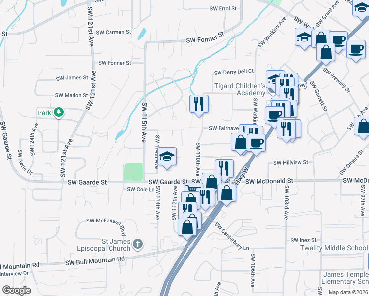 map of restaurants, bars, coffee shops, grocery stores, and more near 11298 Southwest Viewmount Court in Tigard