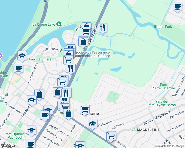 map of restaurants, bars, coffee shops, grocery stores, and more near in La Prairie
