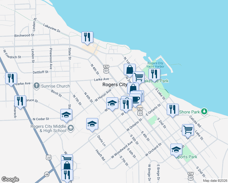 map of restaurants, bars, coffee shops, grocery stores, and more near 251 North 4th Street in Rogers City
