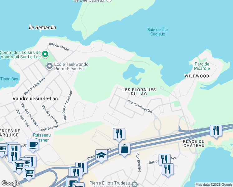 map of restaurants, bars, coffee shops, grocery stores, and more near 3341 Rue du Beaujolais in Vaudreuil-Dorion