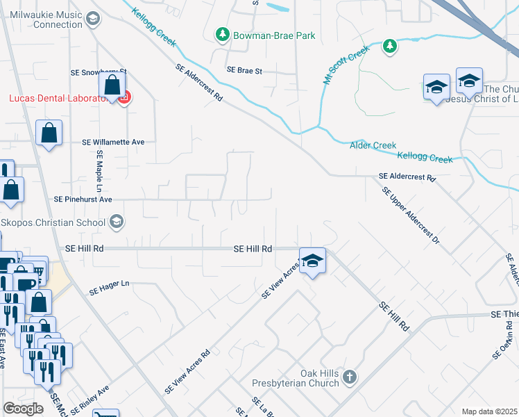 map of restaurants, bars, coffee shops, grocery stores, and more near 4600 Southeast Pinehurst Avenue in Milwaukie